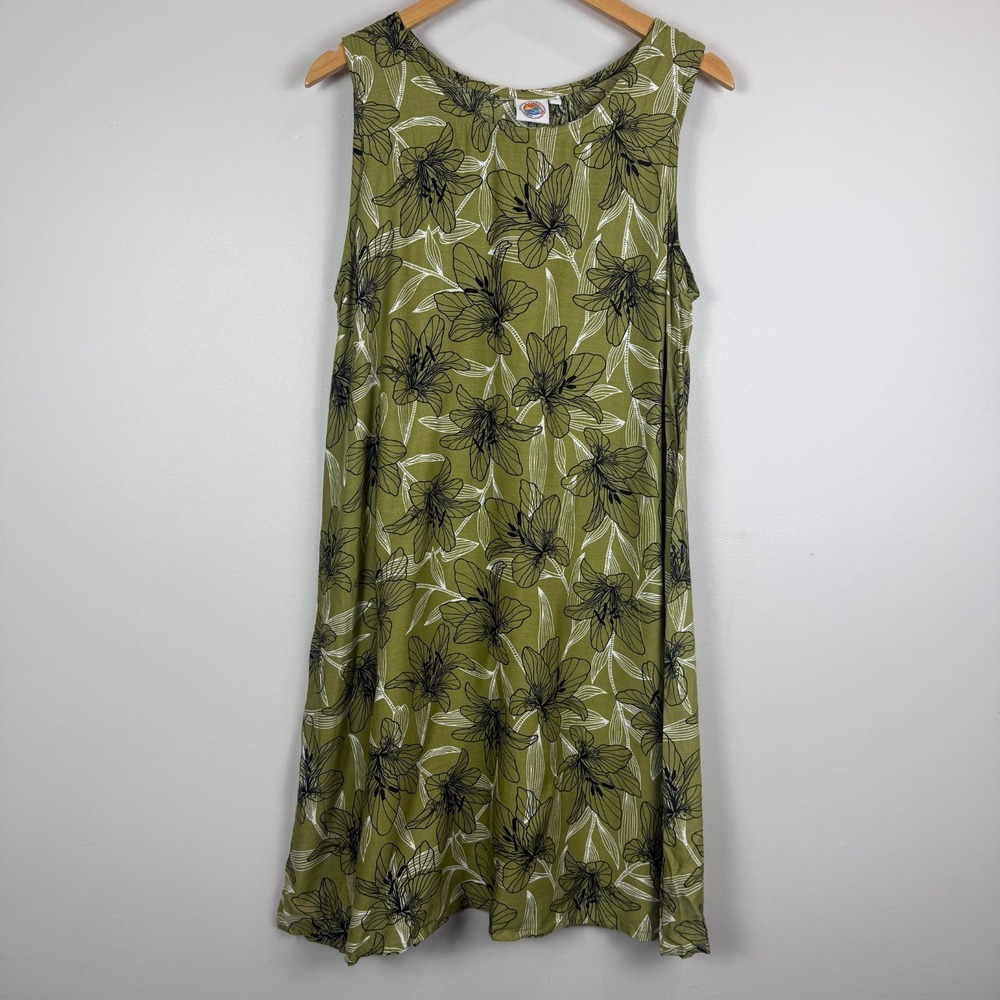 Makai Beach Hawaii Shift Dress Women's M Green Floral Sleeveless Boho Beachy